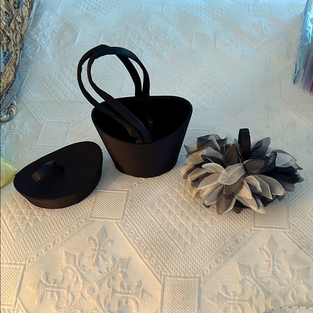 SMALL BLACK SATIN EVENING BAG WITH TWO TOPS TO CHOOSE FROM